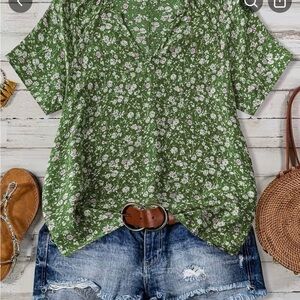 NWOT - Green and Red Floral Short Sleeve Button Front Women's Top with V Neck